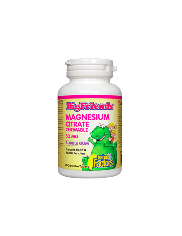 Magnesium Citrate Big Friends - Магнезий (цитрат) за деца 50 mg, 60 дъвчащи таблетки с вкус на дъвка Natural Factors - Image 1