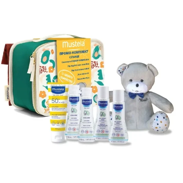 Мустела Промо комплект: Слънцезащитен крем SPF50 40 мл + Hydra Bebe лосион 2x50 мл + Измиващ гел 2x50 мл + Двоен несесер + Плюшено мече | За цялото семейство - Image 1