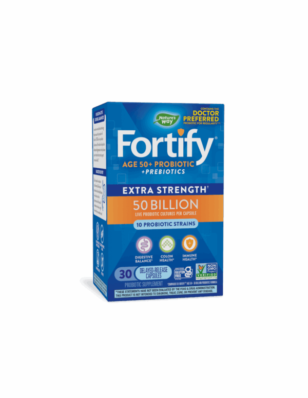 Natures Way Fortify Age 50+ Probiotic Extra Strength, 50 млрд. активни пробиотици, 30 капсули - Пробиотик + пребиотици 50+ високо дозирани - Image 1