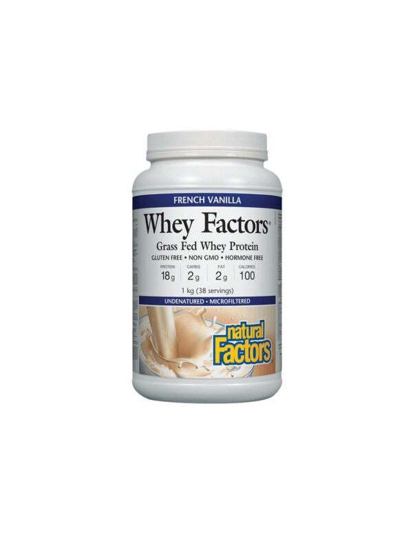 Whey Factors® Grass Fed Whey Protein - Суроватъчен протеин изолат с вкус на ванилия, 1 kg прах Natural Factors - Image 1
